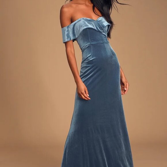 Lulu's Sweet Symphony Dusty Blue Velvet Off-the-Shoulder Maxi Dress Gown - Picture 1 of 9